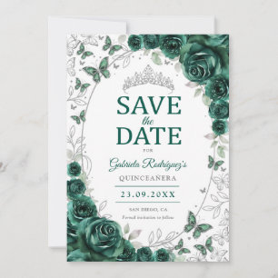 Smaragdgroene Zilveren Bloemige Quinceanera Save The Date