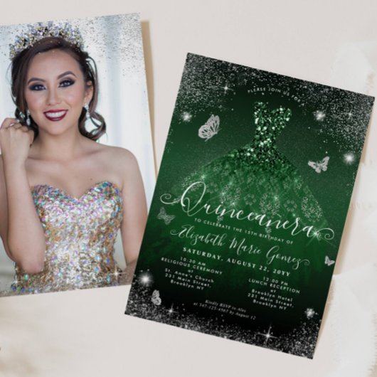 Smaragdgroene zilveren glitter foto Quinceanera Kaart