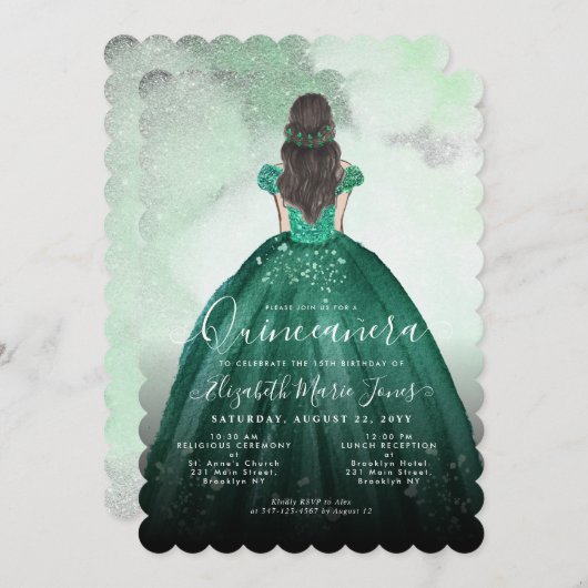 Smaragdgroene Zilveren Glitter Prinses Quinceañera Kaart (Voorkant / Achterkant)