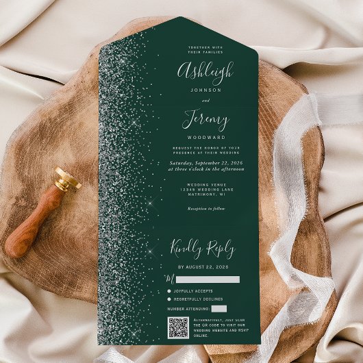 Smaragdgroene Zilveren Glitter QR Code Bruiloft All In One Uitnodiging