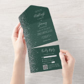 Smaragdgroene Zilveren Glitter QR Code Bruiloft All In One Uitnodiging (Afscheurbaar)