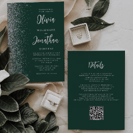 Smaragdgroene Zilveren Glitter QR Code Bruiloft Kaart