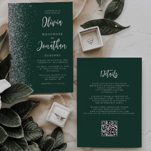 Smaragdgroene Zilveren Glitter QR Code Bruiloft Kaart