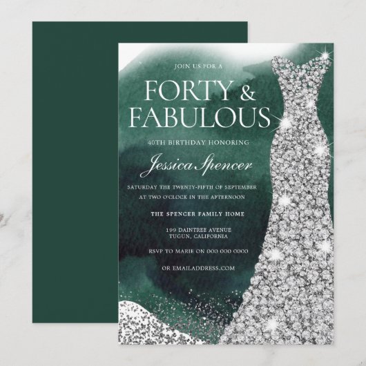 Smaragdgroene & zilveren jurk 40e verjaardagsfeest kaart (Voorkant / Achterkant)