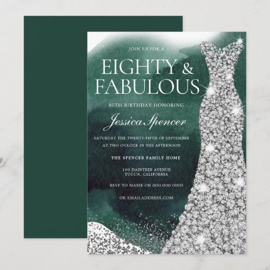 Smaragdgroene & zilveren jurk 80ste verjaardagsfee kaart (Voorkant / Achterkant)