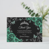 Smaragdgroene Zilveren Quinceanera Bedankkaart (Staand voorkant)