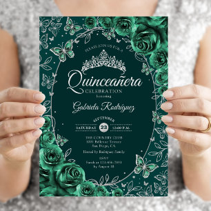 Smaragdgroene Zilveren Quinceanera Kaart