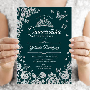 Smaragdgroene Zilveren Rozen Vlinders Quinceanera Kaart