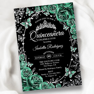 Smaragdgroene Zilveren Zwarte Rozen Quinceanera Folie Uitnodiging