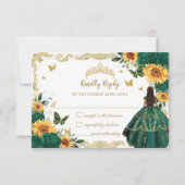 Smaragdgroene zonnebloem bloemenquinceañera jurk RSVP kaartje (Voorkant)