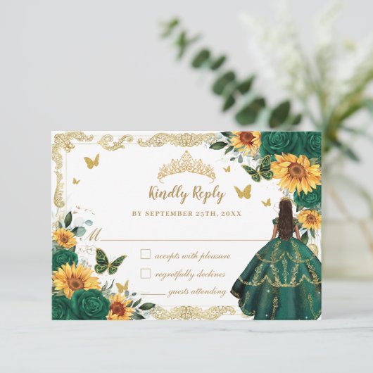 Smaragdgroene zonnebloem bloemenquinceañera jurk RSVP kaartje (Staand voorkant)