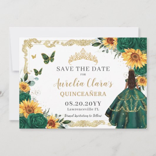 Smaragdgroene zonnebloemen bloemengoud quinceañera save the date (Voorkant)
