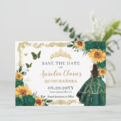Smaragdgroene zonnebloemen bloemengoud quinceañera save the date (Staand voorkant)