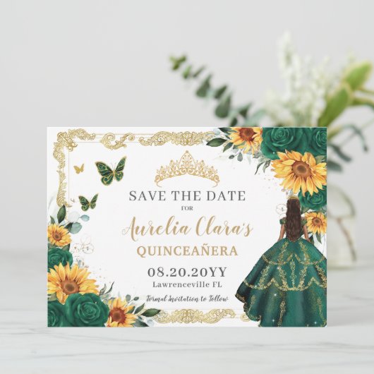 Smaragdgroene zonnebloemen bloemengoud quinceañera save the date (Staand voorkant)