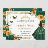 Smaragdgroene zonnebloemen bloemengoud quinceañera save the date (Voorkant / Achterkant)