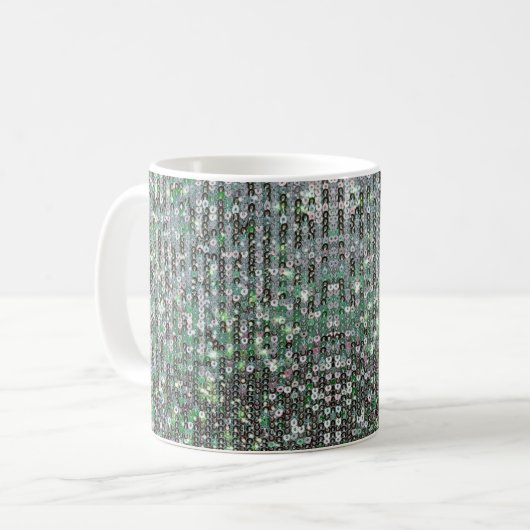 Smaraginesequines met groene mousserende glitterse koffiemok (Voorkant links)