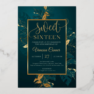Smaragrogroene folie en echte goudzoete zestien folie uitnodiging