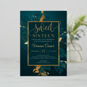 Smaragrogroene folie en echte goudzoete zestien folie uitnodiging (Staand Voorkant)