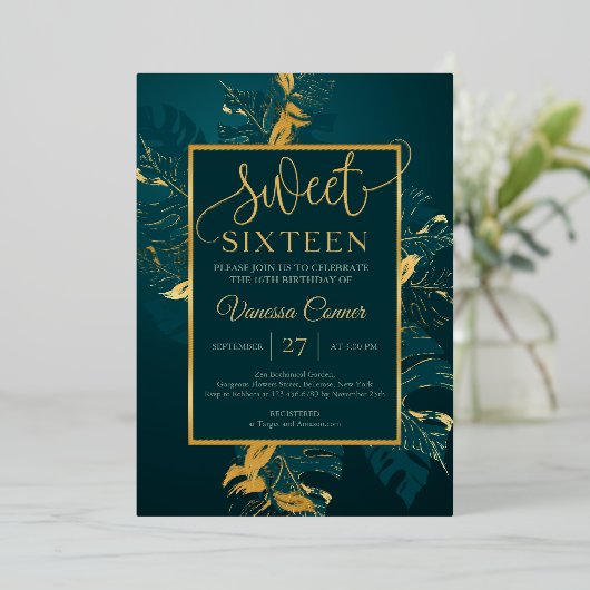 Smaragrogroene folie en echte goudzoete zestien folie uitnodiging (Staand Voorkant)