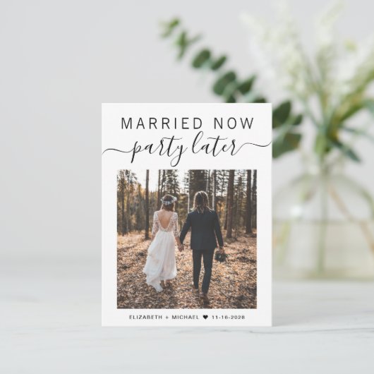 Smarried Now Party Later fotobruiloft Aankondigingskaart (Staand voorkant)