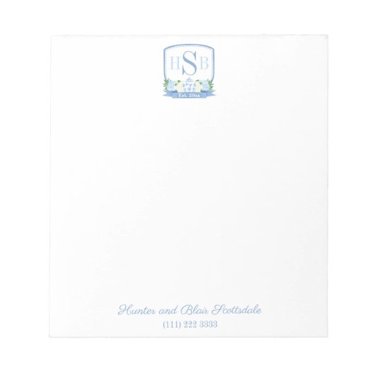 Smart 3 Letter Monogram Hydrangea Ginger Jar Crest Notitieblok (Voorkant)