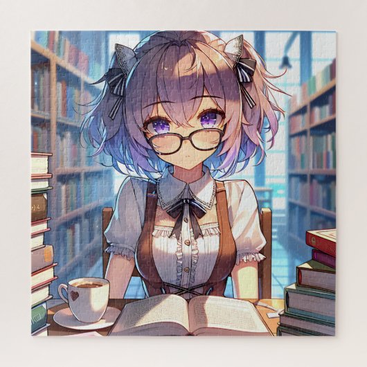 Smart Anime Girl in de bibliotheek Boeken lezen Legpuzzel (Verticaal)