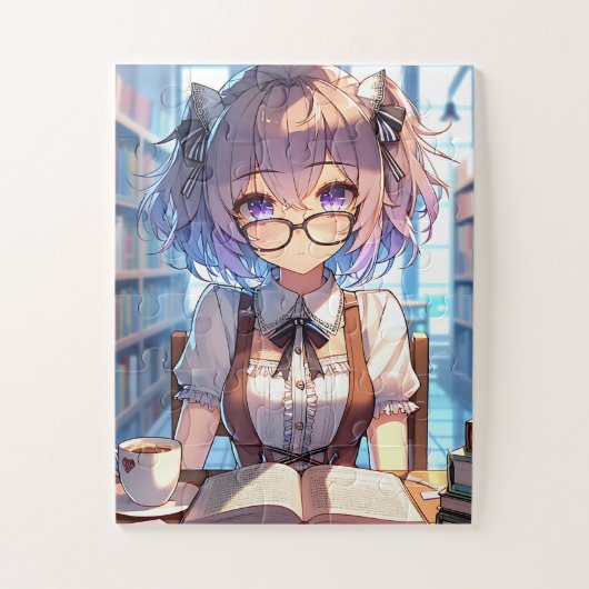 Smart Anime Girl in de bibliotheek Boeken lezen Legpuzzel (Verticaal)