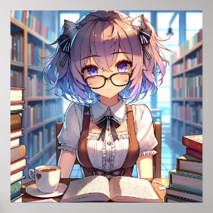 Smart Anime Girl in de bibliotheek Boeken lezen Poster