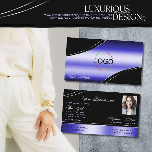 Smart Black Blue Curved Decor Lines Logo en foto Visitekaartje