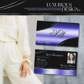Smart Black Blue Curved Lines Monogram en foto Visitekaartje