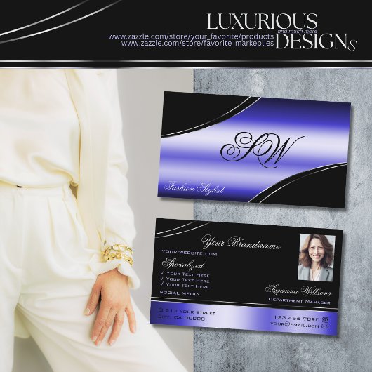 Smart Black Blue Curved Lines Monogram en foto Visitekaartje