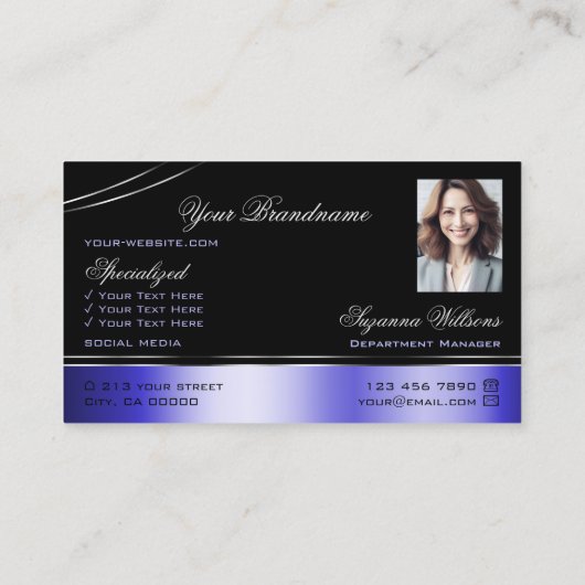 Smart Black Blue Curved Lines Monogram en foto Visitekaartje (Achterkant)