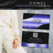 Smart Black Blue Curved Lines Monogram en QR-code Visitekaartje