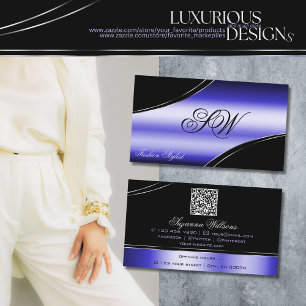 Smart Black Blue Curved Lines Monogram en QR-code Visitekaartje