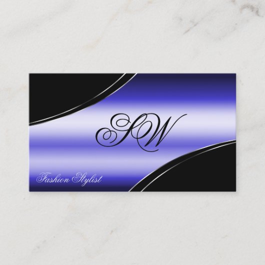 Smart Black Blue Curved Lines Monogram en QR-code Visitekaartje (Voorkant)