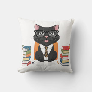Smart Black Cat met een bril - Grappige Cartoon Kussen