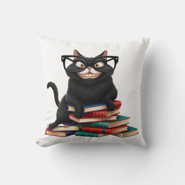 Smart Black Cat met een bril - Grappige Cartoon Kussen (Voorkant)