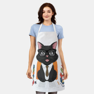 Smart Black Cat met een bril - Grappige Cartoon Schort