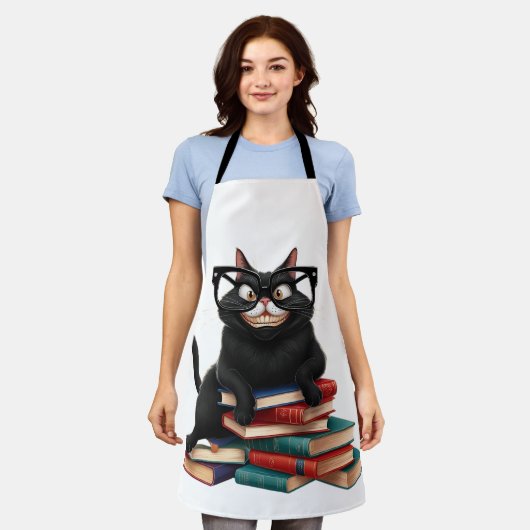 Smart Black Cat met een bril - Grappige Cartoon Schort (Gedragen)