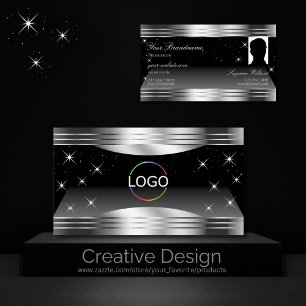 Smart Black Silver Shimmer Borders Logo en foto Visitekaartje