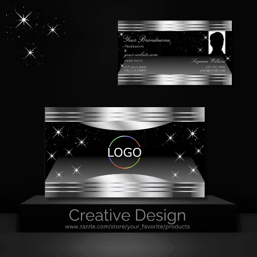 Smart Black Silver Shimmer Borders Logo en foto Visitekaartje