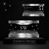 Smart Black Silver Shimmer Borders Monogram Foto Visitekaartje