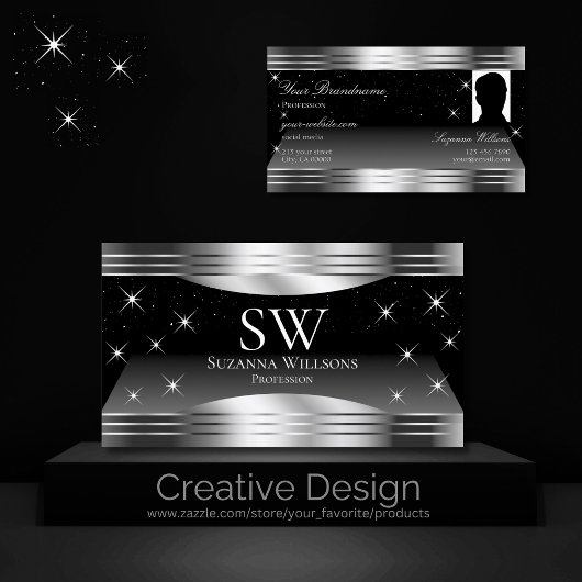 Smart Black Silver Shimmer Borders Monogram Foto Visitekaartje