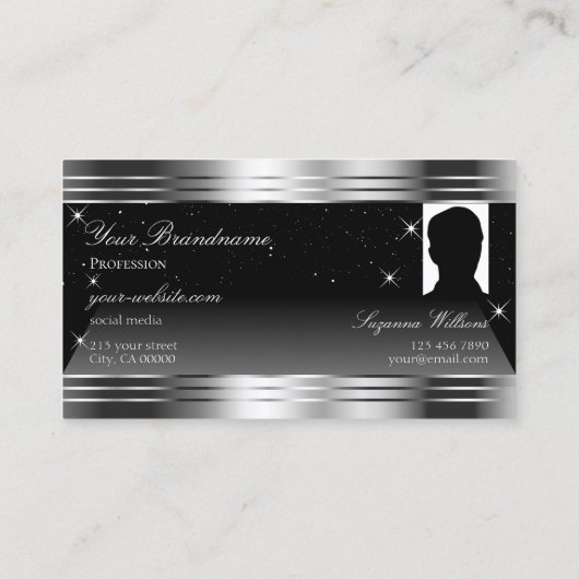 Smart Black Silver Shimmer Borders Monogram Foto Visitekaartje (Achterkant)
