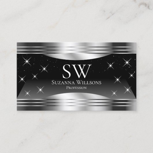 Smart Black Silver Shimmer Borders Monogram Foto Visitekaartje (Voorkant)