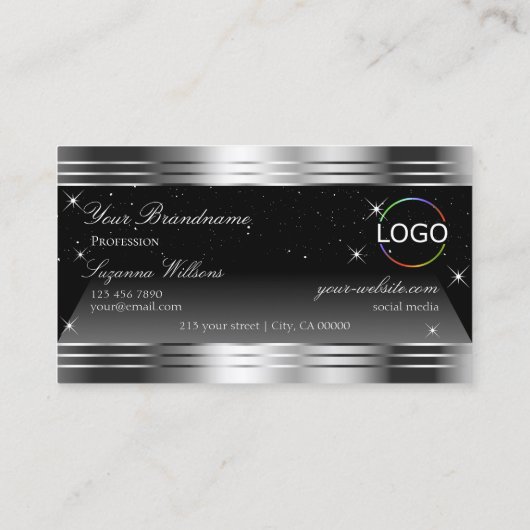Smart Black Silver Shimmer Grenzen met Logo Chic Visitekaartje (Achterkant)