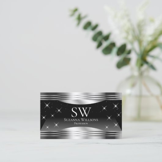 Smart Black Silver Shimmer Randen met Monogram Visitekaartje (Staand voorkant)