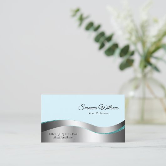 Smart Blauwgroen Wavy Silver Decor met fotoklasse Visitekaartje (Staand voorkant)