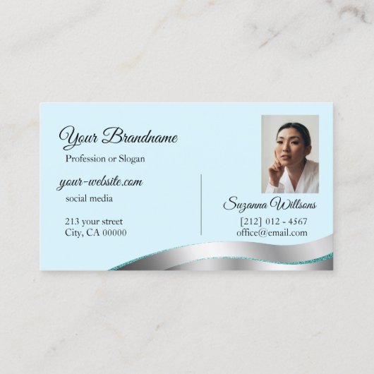 Smart Blauwgroen Wavy Silver Decor met Initialen F Visitekaartje (Achterkant)