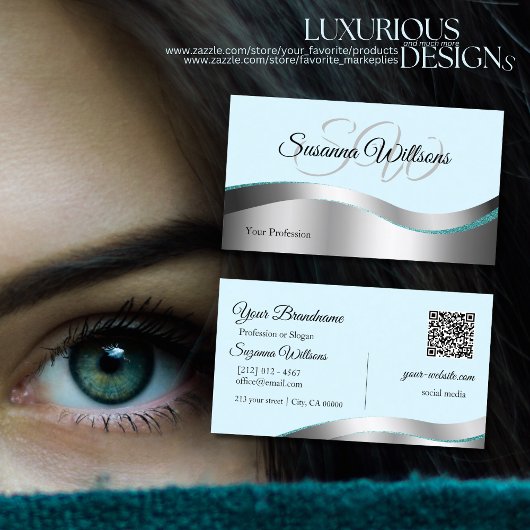 Smart Blauwgroen Wavy Silver Decor met Initialen Q Visitekaartje